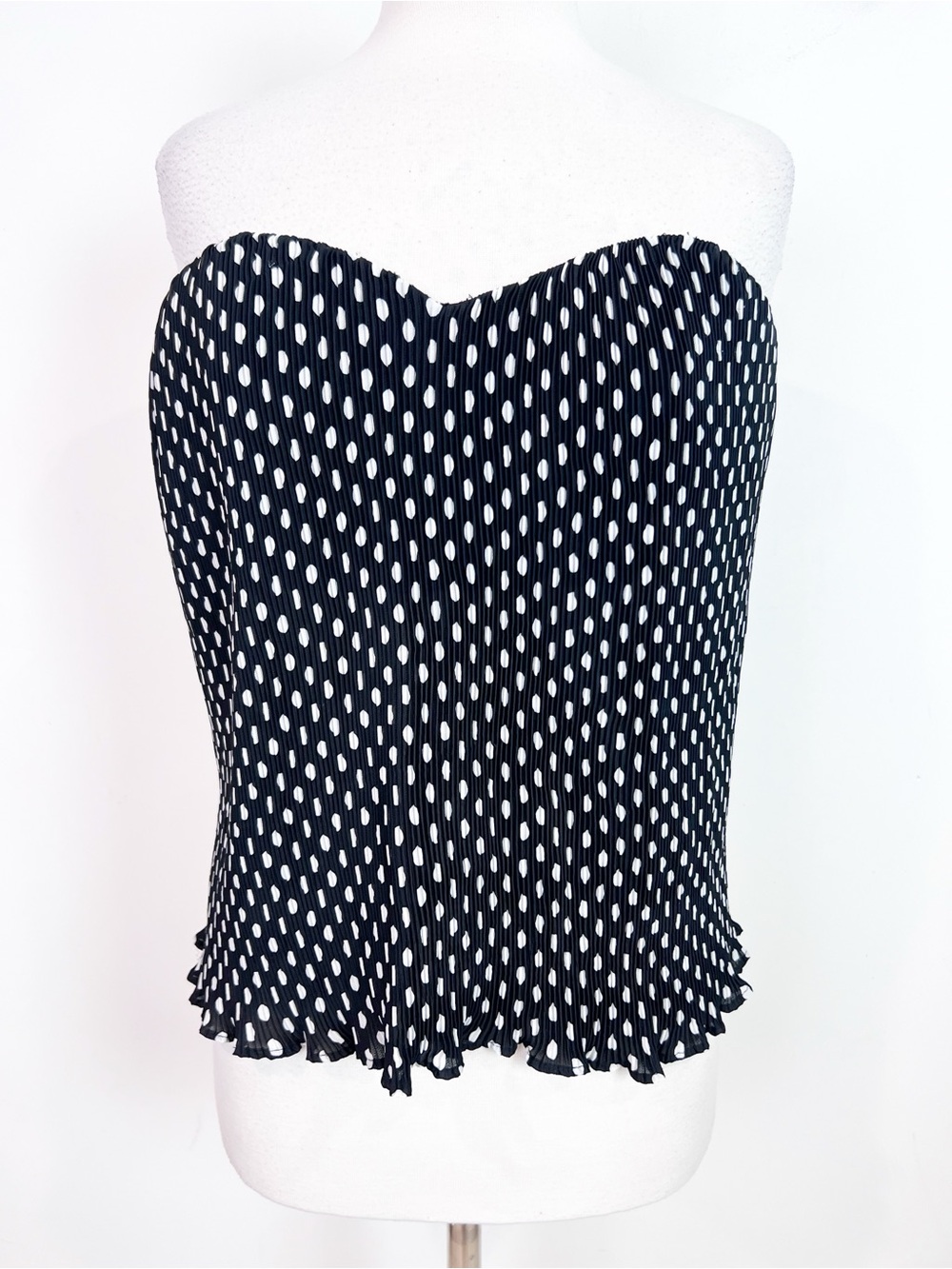 ABOUT US NAVY WHITE POLKA DOT STRAPLESS MICRO PLEAT SHIRT TOP SZ XL